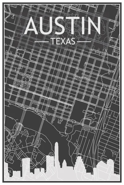 ダウンタウンの暗い灰色の背景にパノラマのスカイラインと通りのネットワークを持つ暗い印刷都市のポスターAustin テキサス州 — ストックベクタ