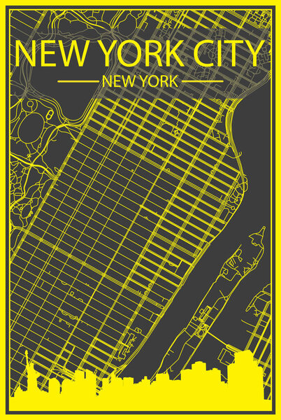 Yellow printout city poster with panoramic skyline and streets network on dark gray background of the downtown NEW YORK CITY, NEW YORK