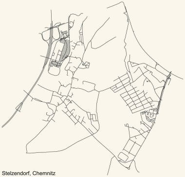 Alman bölgesel başkenti Chemnitz 'in STELZENDORF DISTRICT şehir haritasının ayrıntılı navigasyon kara hatları klasik bej arka planda Almanya