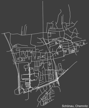 Detailed negative navigation white lines urban street roads map of the SCHNAU DISTRICT of the German regional capital city of Chemnitz, Germany on dark gray background