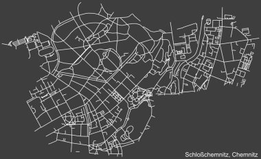 Alman bölgesel başkenti Chemnitz, Almanya 'nın SCHLOCHEMNITZ DISTRICT' in şehir caddelerinin haritası, koyu gri arka plan üzerine ayrıntılı olumsuz navigasyon beyaz çizgileri.