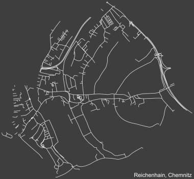 Alman bölgesel başkenti Chemnitz, Almanya 'nın Koyu gri arka plan üzerindeki REICHENHAIN DISTRICT kentsel yol haritasının ayrıntılı negatif navigasyon beyaz çizgileri