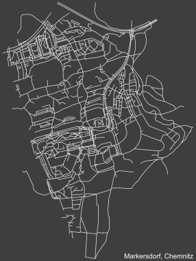 Alman bölgesel başkenti Chemnitz 'in MARKERSDORF DISTRICT şehir haritasının beyaz çizgileri koyu gri arka plan üzerine ayrıntılı olarak çizildi