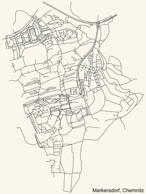 Detailed navigation black lines urban street roads map of the MARKERSDORF DISTRICT of the German regional capital city of Chemnitz, Germany on vintage beige background