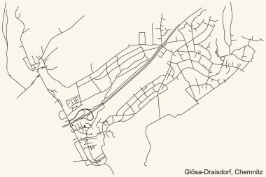 Alman bölgesel başkenti Chemnitz, Almanya 'nın GLSA-DRAISDORF DISTRICT kentinin klasik bej arkaplanlı kentsel yol haritasının ayrıntılı navigasyon siyah hatları