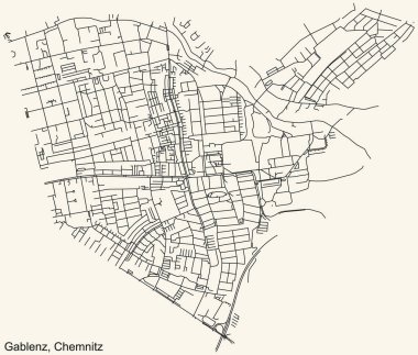 Alman bölgesel başkenti Chemnitz, Almanya 'nın GABLENZ DISTRICT kentinin klasik bej arkaplanlı kentsel sokak haritasının ayrıntılı navigasyon siyah hatları