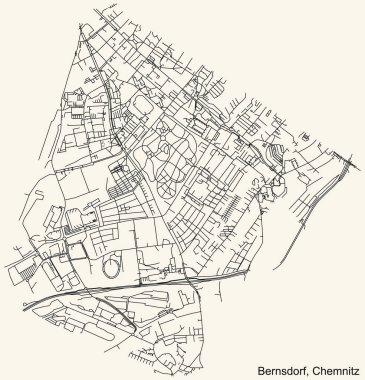 Alman bölgesel başkenti Chemnitz, Almanya 'nın BERNSDORF DISTRICT şehir haritasının klasik bej arka planında ayrıntılı navigasyon kara hatları