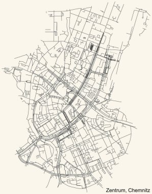 Alman bölgesel başkenti Chemnitz, Almanya 'nın ZENTRUM DISTRICT kentinin klasik bej arkaplanlı kentsel sokak haritasının ayrıntılı navigasyon siyah hatları