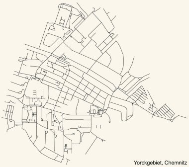 Alman bölgesel başkenti Chemnitz 'in YORCKGEBIET DISTRICT şehir haritasının ayrıntılı navigasyon kara hatları klasik bej arka plan üzerine Almanya