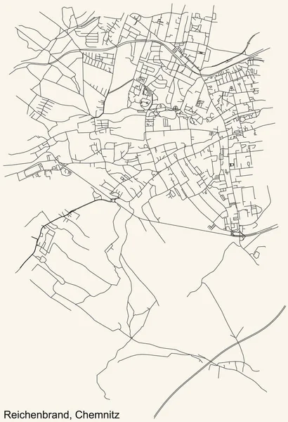Alman bölgesel başkenti Chemnitz, Almanya 'nın klasik bej arkaplan üzerindeki REICHENBRAND DISTRICT kentsel yol haritasının ayrıntılı navigasyon siyah hatları