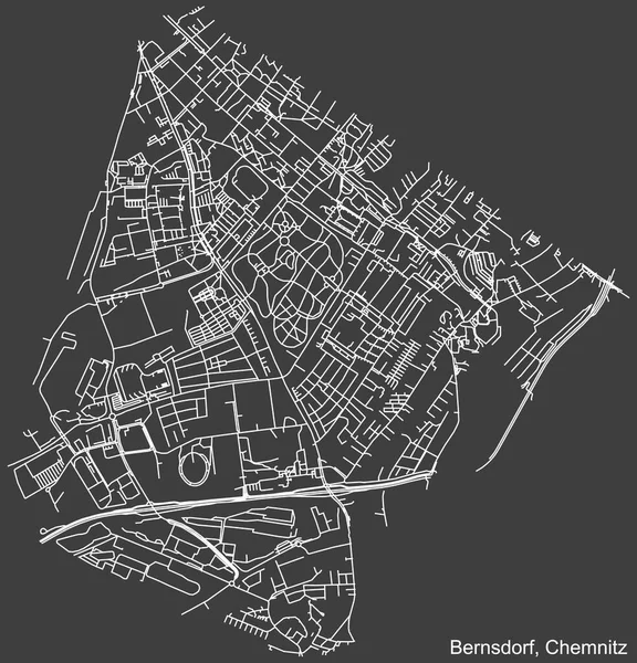 Alman bölgesel başkenti Chemnitz, Almanya 'nın BERNSDORF DISTRICT şehir haritasının beyaz çizgileri koyu gri arka plan üzerine ayrıntılı olarak çizildi