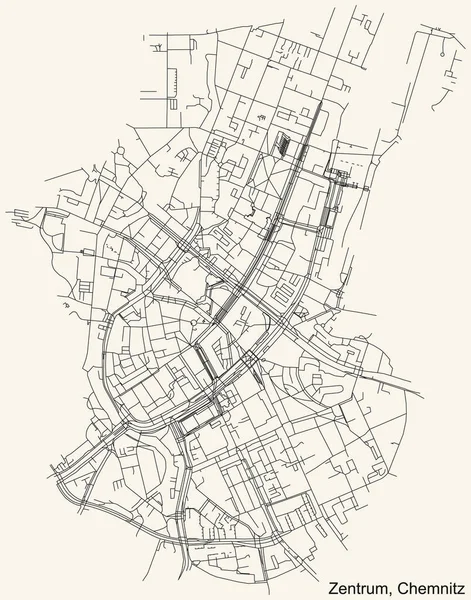 Alman bölgesel başkenti Chemnitz, Almanya 'nın ZENTRUM DISTRICT kentinin klasik bej arkaplanlı kentsel sokak haritasının ayrıntılı navigasyon siyah hatları