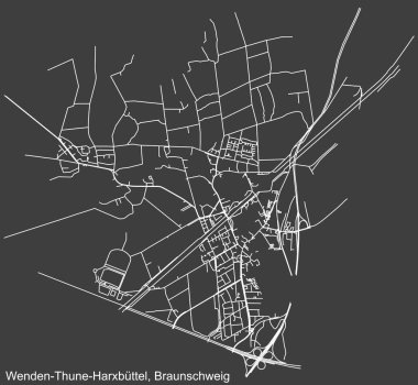 Almanya 'nın başkenti Braunschweig' in WENDEN-THUNE-HARXBTTEL DISTRICT şehir haritasının beyaz yol çizgileri koyu gri arka plan üzerine ayrıntılı şekilde çizildi