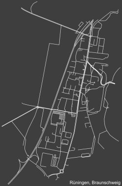 Alman bölgesel başkenti Braunschweig, Almanya 'nın RNINGEN DISTRICT kentsel yol haritasının ayrıntılı olumsuz seyrüsefer beyaz çizgileri koyu gri arka planda