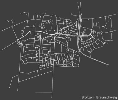 Alman bölgesel başkenti Braunschweig 'in BROITZEM DISTRICT şehir haritasının beyaz çizgileri koyu gri arka planda
