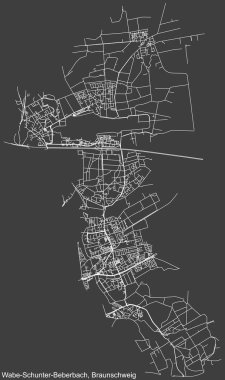 Almanya 'nın başkenti Braunschweig' in WABE-SCHUNTER-BEBERBACH DISTRICT şehir haritasının beyaz çizgileri koyu gri arka plan üzerine