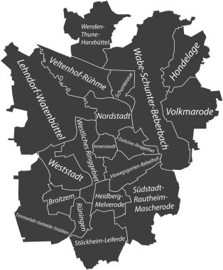 Dark gray flat vector administrative map of BRAUNSCHWEIG, GERMANY with name tags and white border lines of its districts