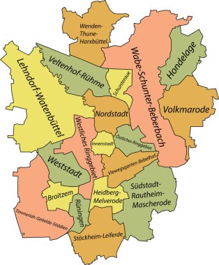 Pastel flat vector administrative map of BRAUNSCHWEIG, GERMANY with name tags and black border lines of its districts