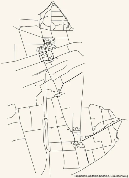 Detaillierte Navigation Schwarze Linien Stadtstraßenplan Des Timmerlah Geitelde Stiddien District — Stockvektor