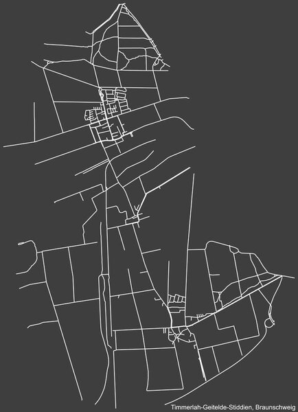 Detailed negative navigation white lines urban street roads map of the TIMMERLAH-GEITELDE-STIDDIEN DISTRICT of the German regional capital city of Braunschweig, Germany on dark gray background