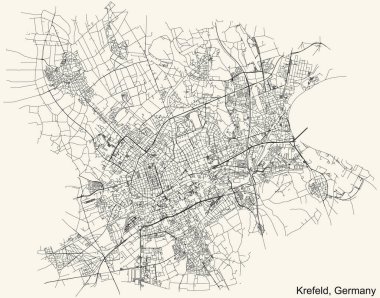 Detailed navigation black lines urban street roads map of the German regional capital city of KREFELD, GERMANY on vintage beige background