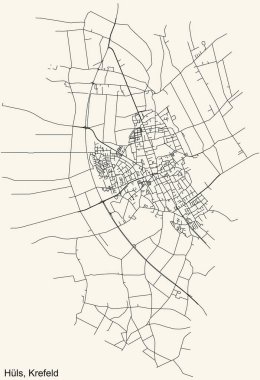 Alman bölgesel başkenti Krefeld, Almanya 'nın HLS DISTRICT kentinin klasik bej arkaplan üzerindeki kentsel yol haritasının ayrıntılı navigasyon siyah hatları