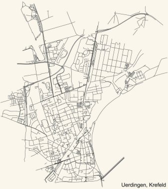 Alman bölgesel başkenti Krefeld, Almanya 'nın UERDINGEN DISTRICT kentsel yol haritasının ayrıntılı navigasyon siyah hatları klasik bej arka planda