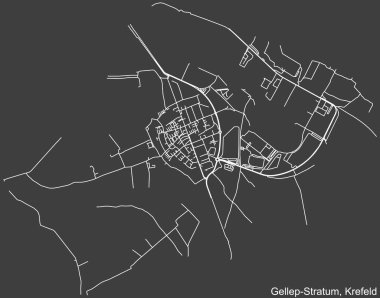 Alman bölgesel başkenti Krefeld, Almanya 'nın GELLEP-STRATUM DISTRICT' nin şehir caddeleri haritasının ayrıntılı olumsuz seyrüsefer çizgileri koyu gri arka plan üzerine