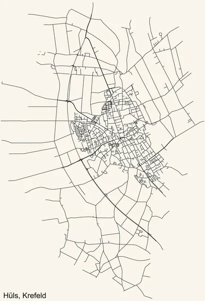 Alman bölgesel başkenti Krefeld, Almanya 'nın HLS DISTRICT kentinin klasik bej arkaplan üzerindeki kentsel yol haritasının ayrıntılı navigasyon siyah hatları