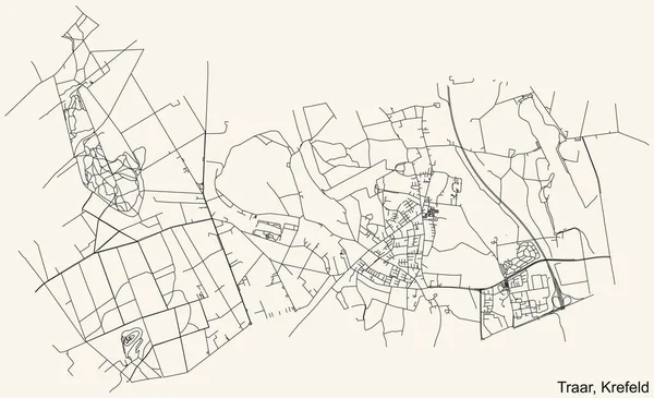 Alman bölgesel başkenti Krefeld, Almanya 'nın TRAAR DISTRICT kentinin klasik bej arkaplanlı kentsel yol haritasının ayrıntılı navigasyon siyah hatları