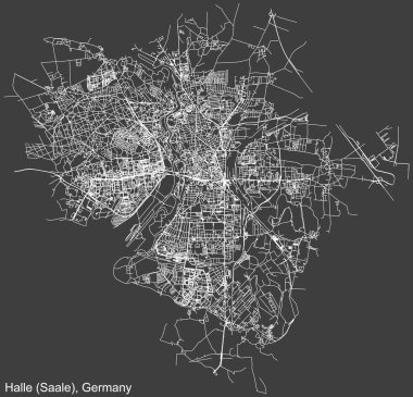 Alman bölgesel başkenti HALLE 'nin (SAALE) kentsel sokak yolları haritası, koyu gri arka planda GERMANY