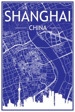 Technical drawing printout city poster with panoramic skyline and streets network on blue background of the downtown SHANGHAI, CHINA
