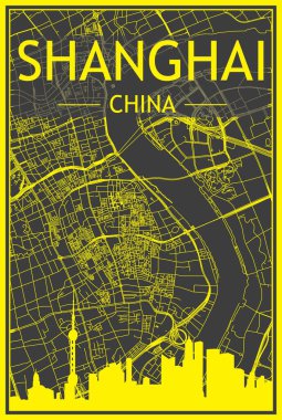 Yellow printout city poster with panoramic skyline and streets network on dark gray background of the downtown SHANGHAI, CHINA