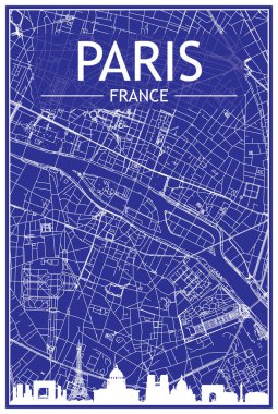 Şehir merkezindeki PARIS 'in mavi arka planında panoramik siluet ve sokak şebekesi olan şehir posterinin teknik çıktısı.