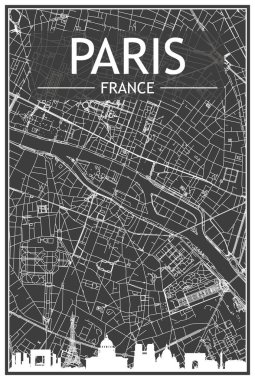 Dark printout city poster with panoramic skyline and streets network on dark gray background of the downtown PARIS, FRANCE