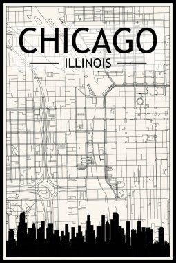 Şehir merkezindeki ChICAGO ILLINOIS 'un klasik bej arka planında panoramik siluet ve sokak ağına sahip açık renkli şehir posteri