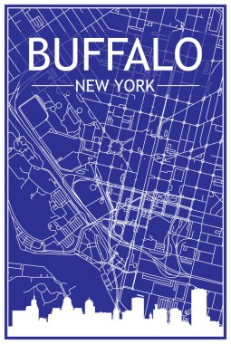 Technical drawing printout city poster with panoramic skyline and streets network on blue background of the downtown BUFFALO, NEW YORK