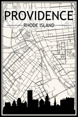 Panoramik silueti ve klasik bej arka planı olan sokak ağlı ışıklı şehir afişi, RHODE ISLAND