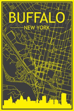 Sarı baskılı şehir posteri panoramik silueti ve şehir merkezindeki Buffalo 'nun koyu gri arka planında sokak ağı, New York