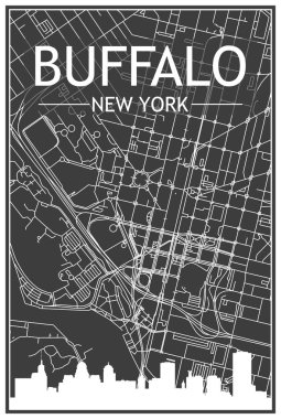 Dark printout city poster with panoramic skyline and streets network on dark gray background of the downtown BUFFALO, NEW YORK