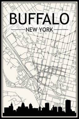 Açık renkli şehir posteri panoramik silueti ve klasik bej arka planda sokak ağı ile şehir merkezi BUFFALO, New York