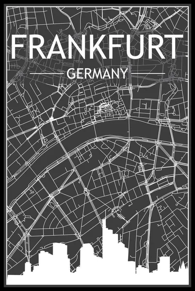 街中の暗い灰色の背景にパノラマのスカイラインと通りのネットワークを持つ暗い印刷都市のポスター フランクフルト ドイツ — ストックベクタ