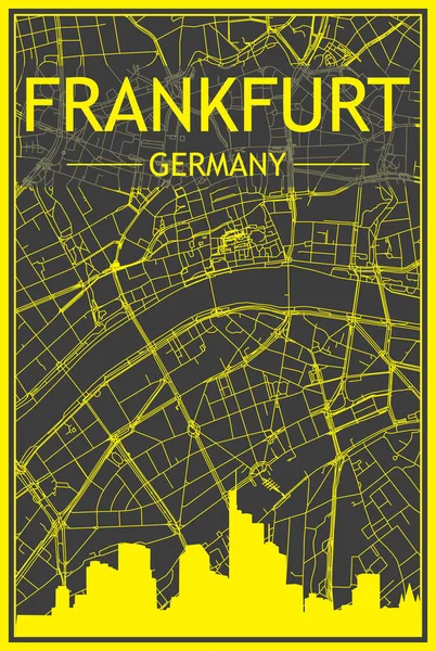 街の中心部の濃い灰色の背景にパノラマのスカイラインと通りのネットワークを持つ黄色の印刷都市のポスター フランクフルト ドイツ — ストックベクタ