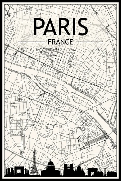 巴黎市中心 带有全景天际线和街道网络的浅色城市海报 以旧式米色为背景 — 图库矢量图片
