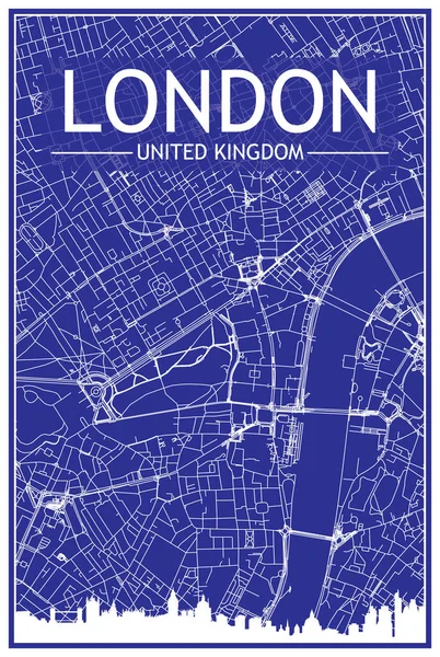 Technical Drawing Printout City Poster Panoramic Skyline Streets Network Blue — Vetor de Stock