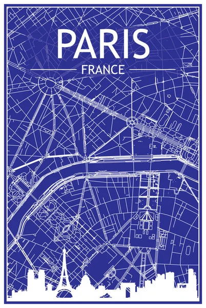 法国巴黎市中心蓝色背景的全景天际线和街道网络的城市招贴画 — 图库矢量图片