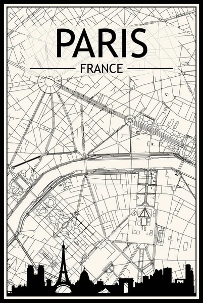 巴黎市中心 带有全景天际线和街道网络的浅色城市海报 以旧式米色为背景 — 图库矢量图片
