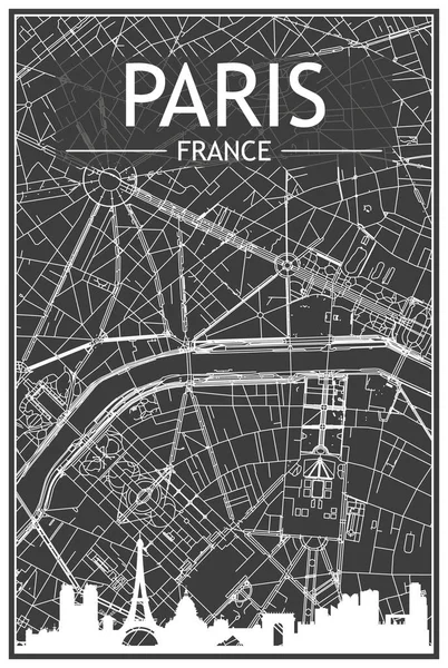 在法国巴黎市中心灰暗的背景下 带有全景天际线和街道网络的城市黑暗印刷品海报 — 图库矢量图片
