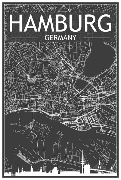 Темно Распечатанный Городской Плакат Панорамным Горизонтом Сетью Улиц Темно Сером — стоковый вектор