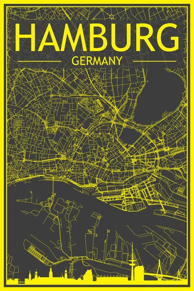 Желтая Распечатка Городского Плаката Панорамным Горизонтом Сетью Улиц Темном Фоне — стоковый вектор